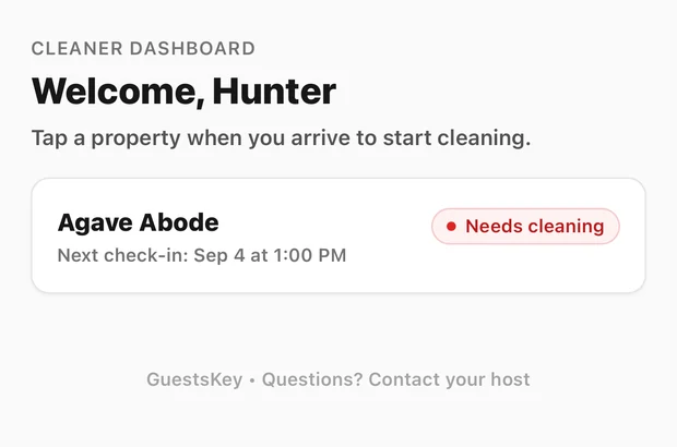 Cleaner portal on a phone: the property list showing a property that needs cleaning and its next check-in time