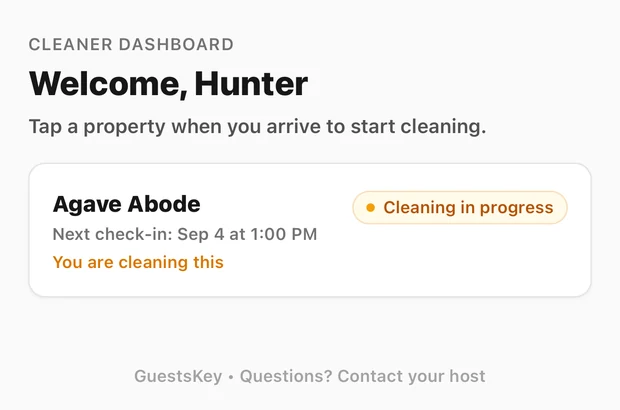 Cleaner portal property list showing a property with cleaning in progress, labelled "You are cleaning this"