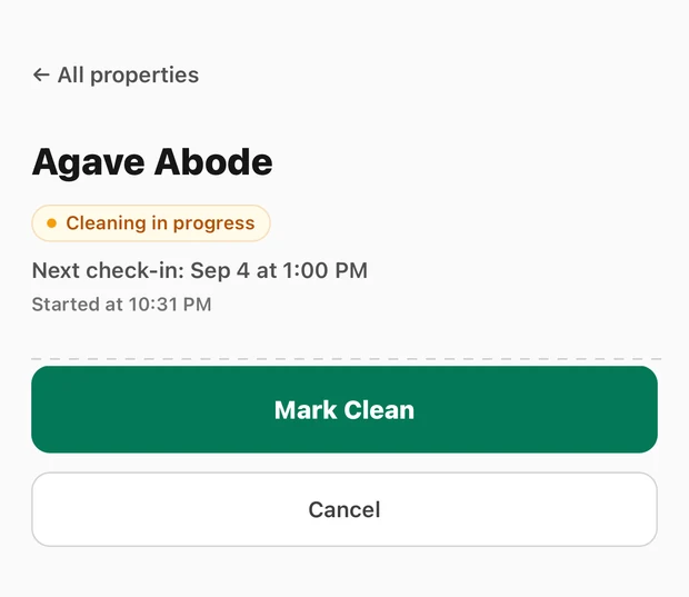 Cleaner portal property screen while cleaning is in progress, with Mark Clean and Cancel buttons