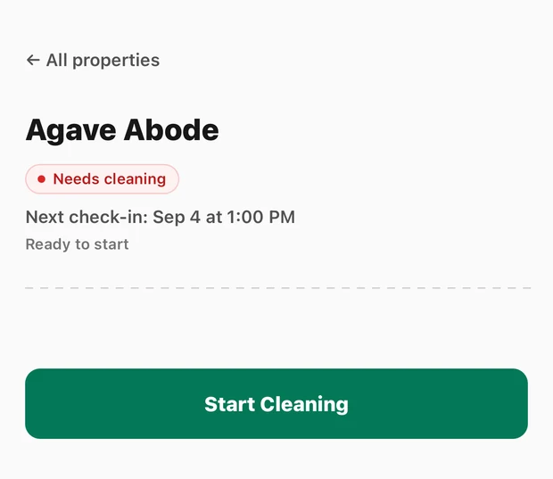 Cleaner portal property screen with a Start Cleaning button