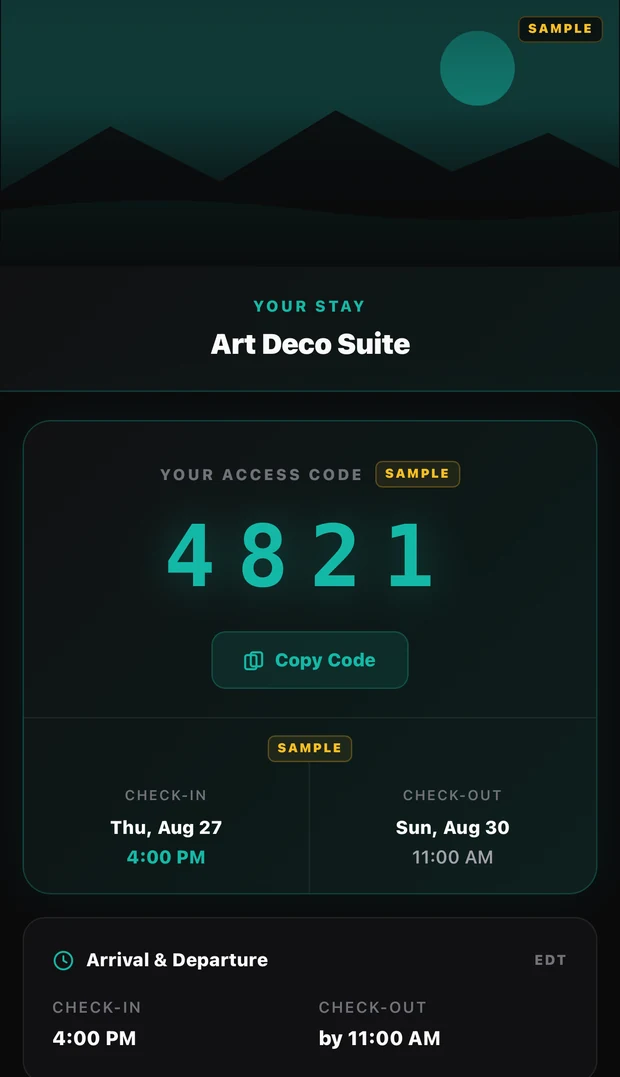 Guest portal on a phone: the access code with a Copy Code button, and check-in and check-out dates and times