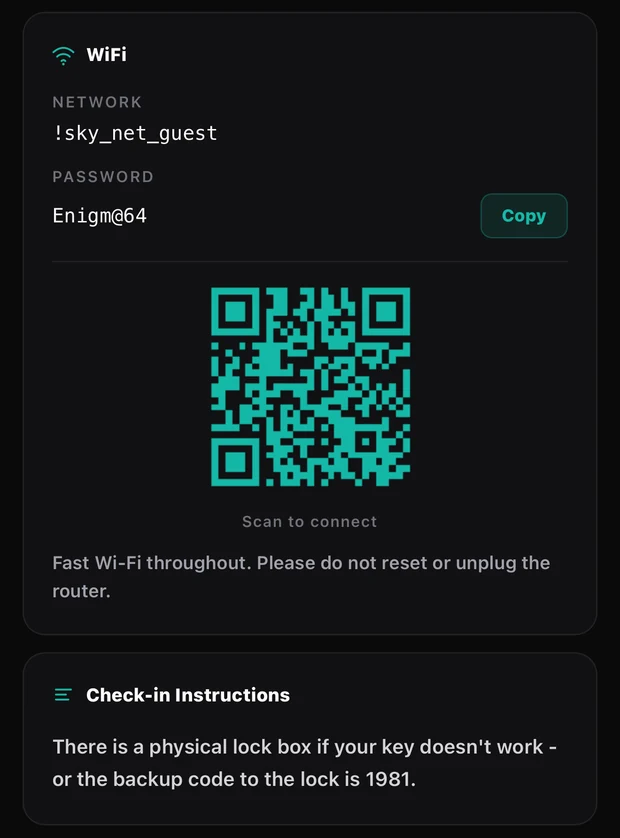 Guest portal on a phone: WiFi network and password with a Copy button and a scan-to-connect QR code, then the check-in instructions