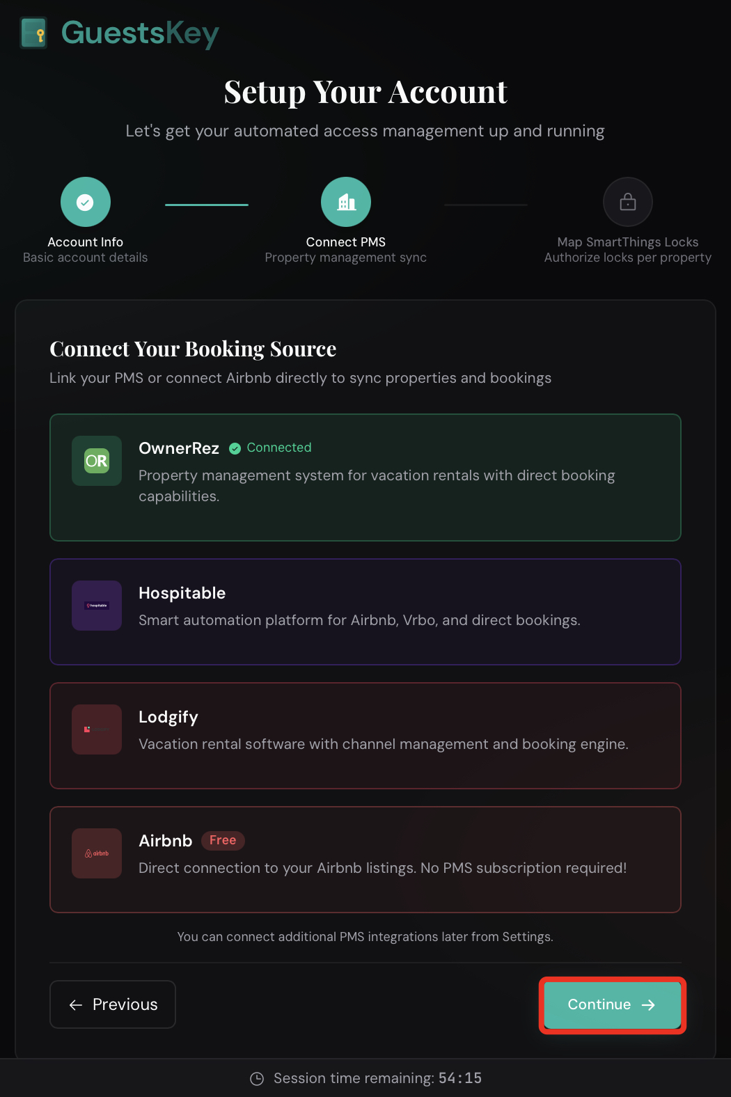 Step 7: OwnerRez Connected — Click Continue