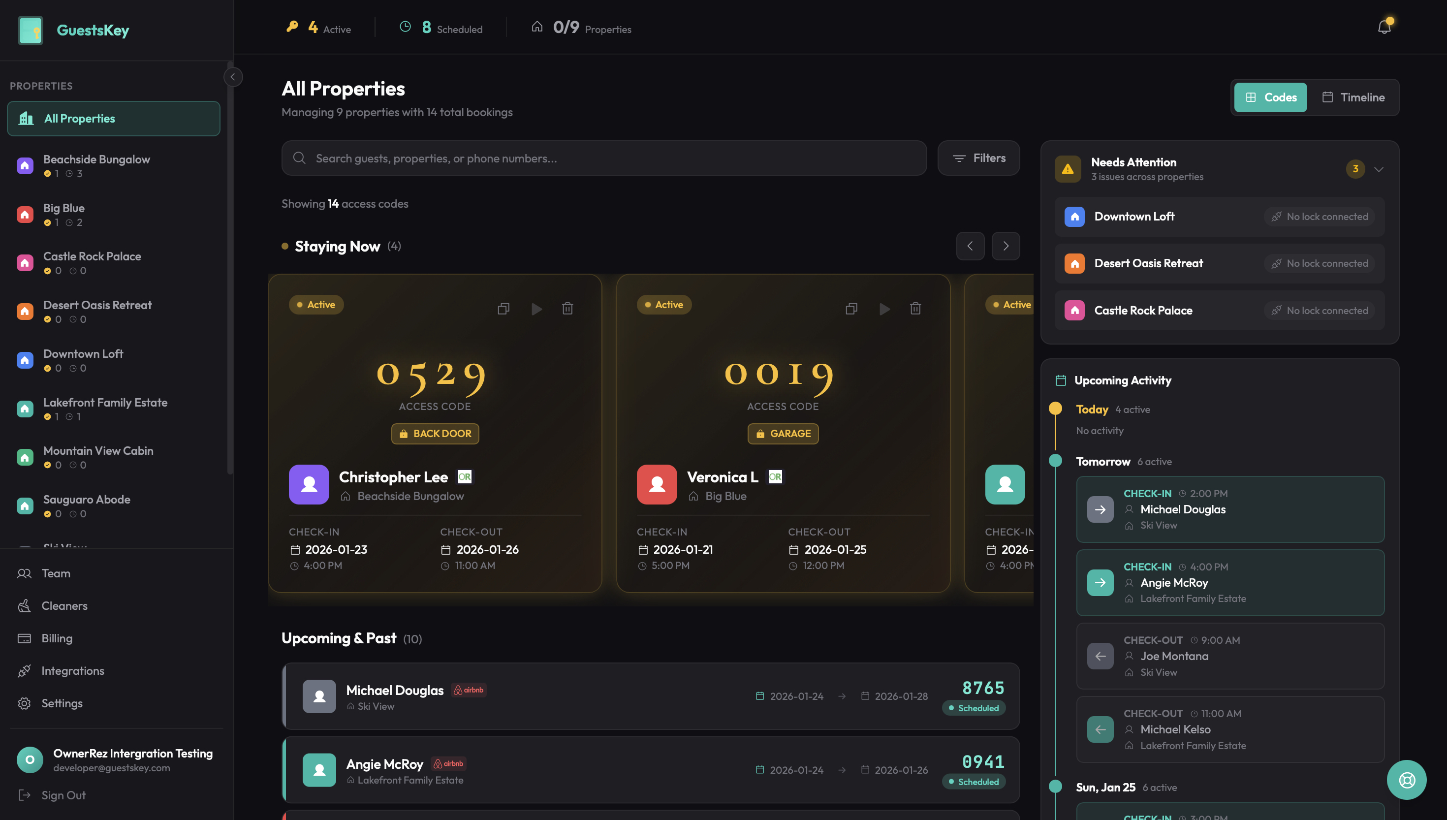 GuestsKey dashboard showing active guest codes across multiple properties
