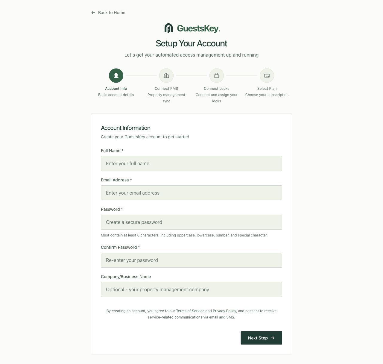 Current GuestsKey account form with name, email, password and optional business name fields.
