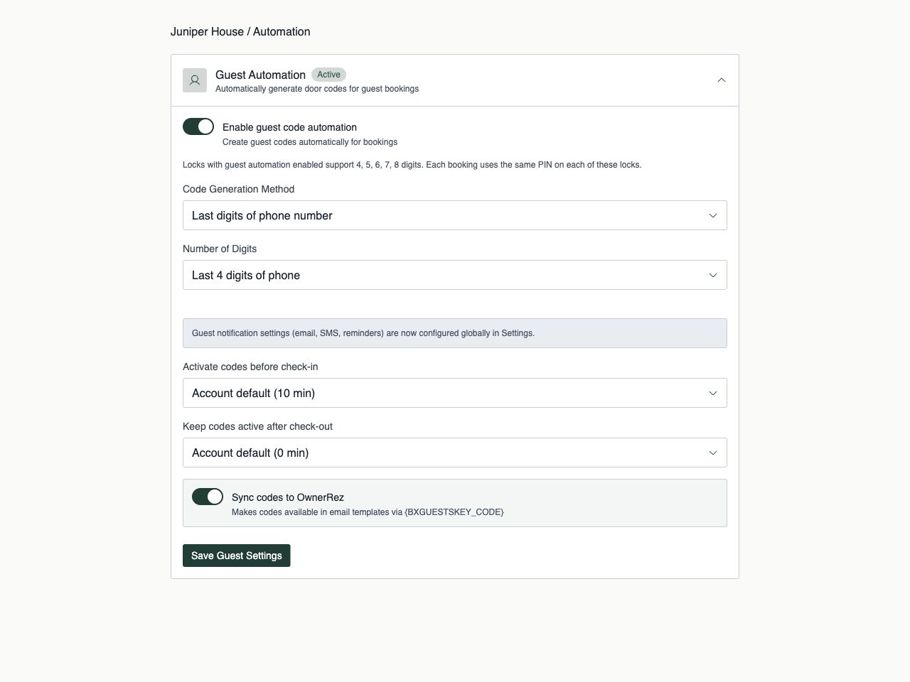 Guest Automation settings showing phone-based codes and configurable check-in and checkout grace periods.
