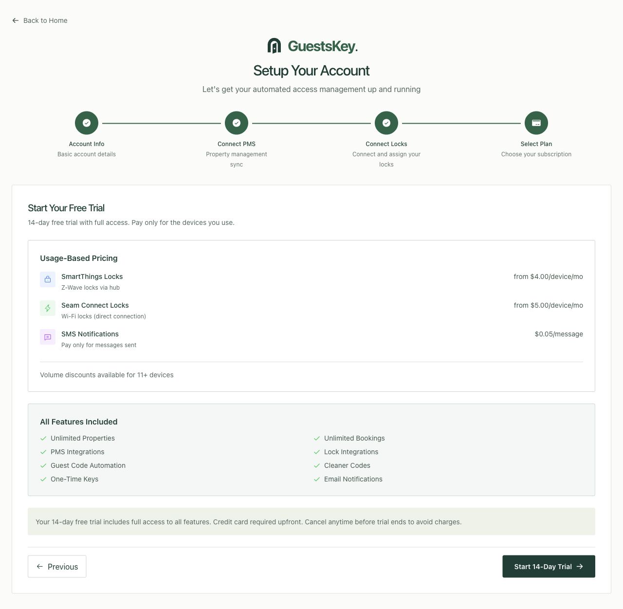 Current trial screen showing SmartThings and Seam device pricing and included features.
