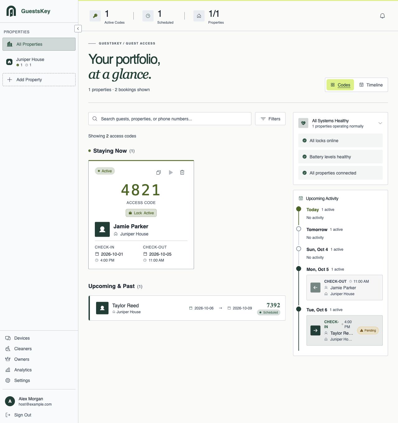 V2 portfolio dashboard with Juniper House, one active sample stay and one scheduled sample stay.
