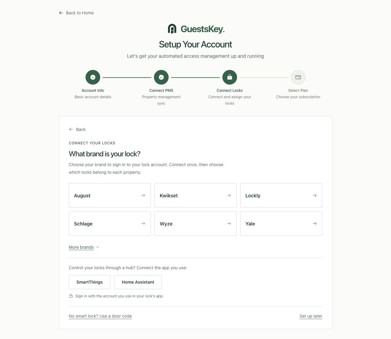 Current lock-brand picker with brand buttons and a separate SmartThings button for hub-connected locks.