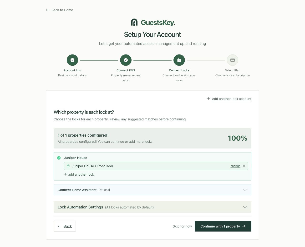 Juniper House matched to its Front Door lock in the current property assignment screen.